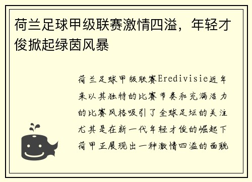 荷兰足球甲级联赛激情四溢，年轻才俊掀起绿茵风暴