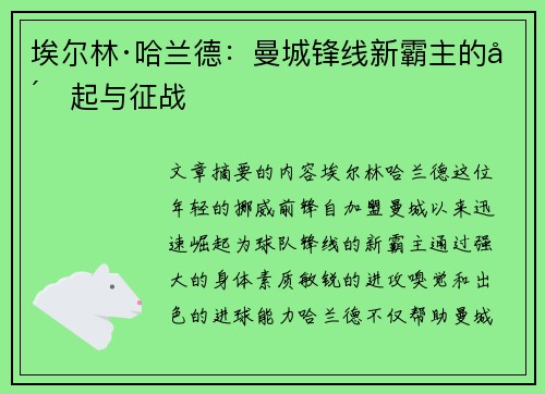 埃尔林·哈兰德：曼城锋线新霸主的崛起与征战